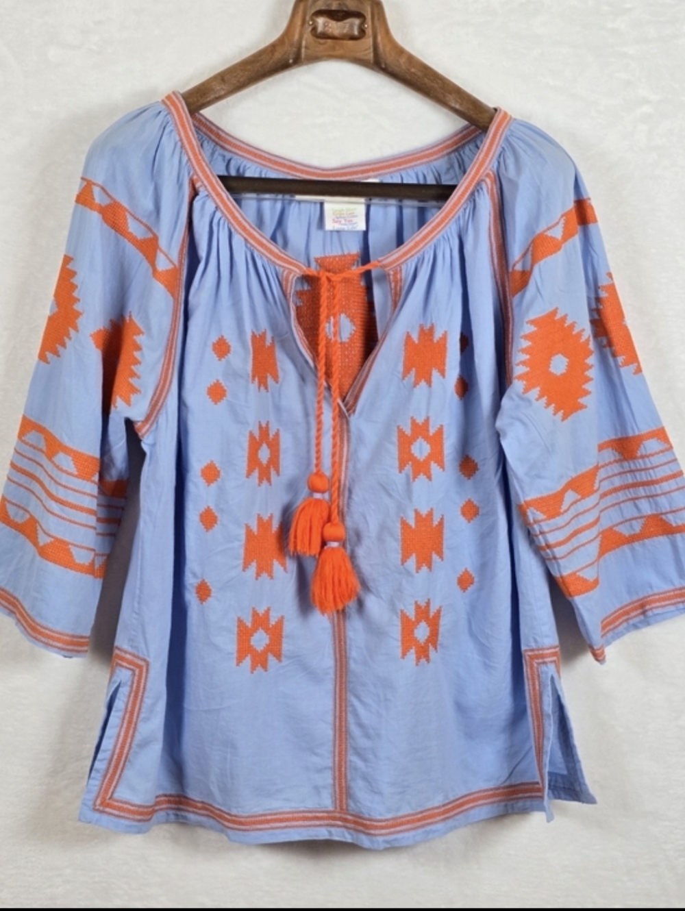 Gretchen Scott Montezuma Tunic Light Blue Orange Embroidered Cotton Boho Top XL - Picture 3 of 14